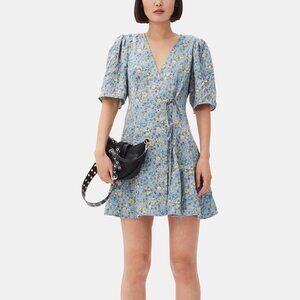 GANNI Blue Floral Printed Crinkled Satin Mini Wrap Dress